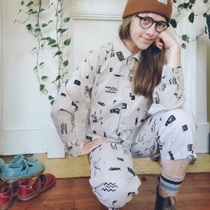 Chico's Pants and Jacket Set Denim Fish Abstract Pattern Art Outfit Small/Medium